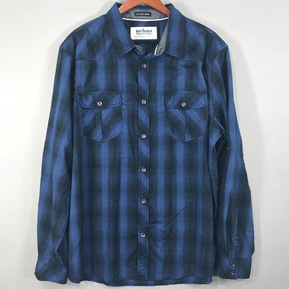 Urban Pipeline Shirt Men's 2XL Blue Black Plaid Button Down Long Sleeve Pockets - Picture 1 of 12